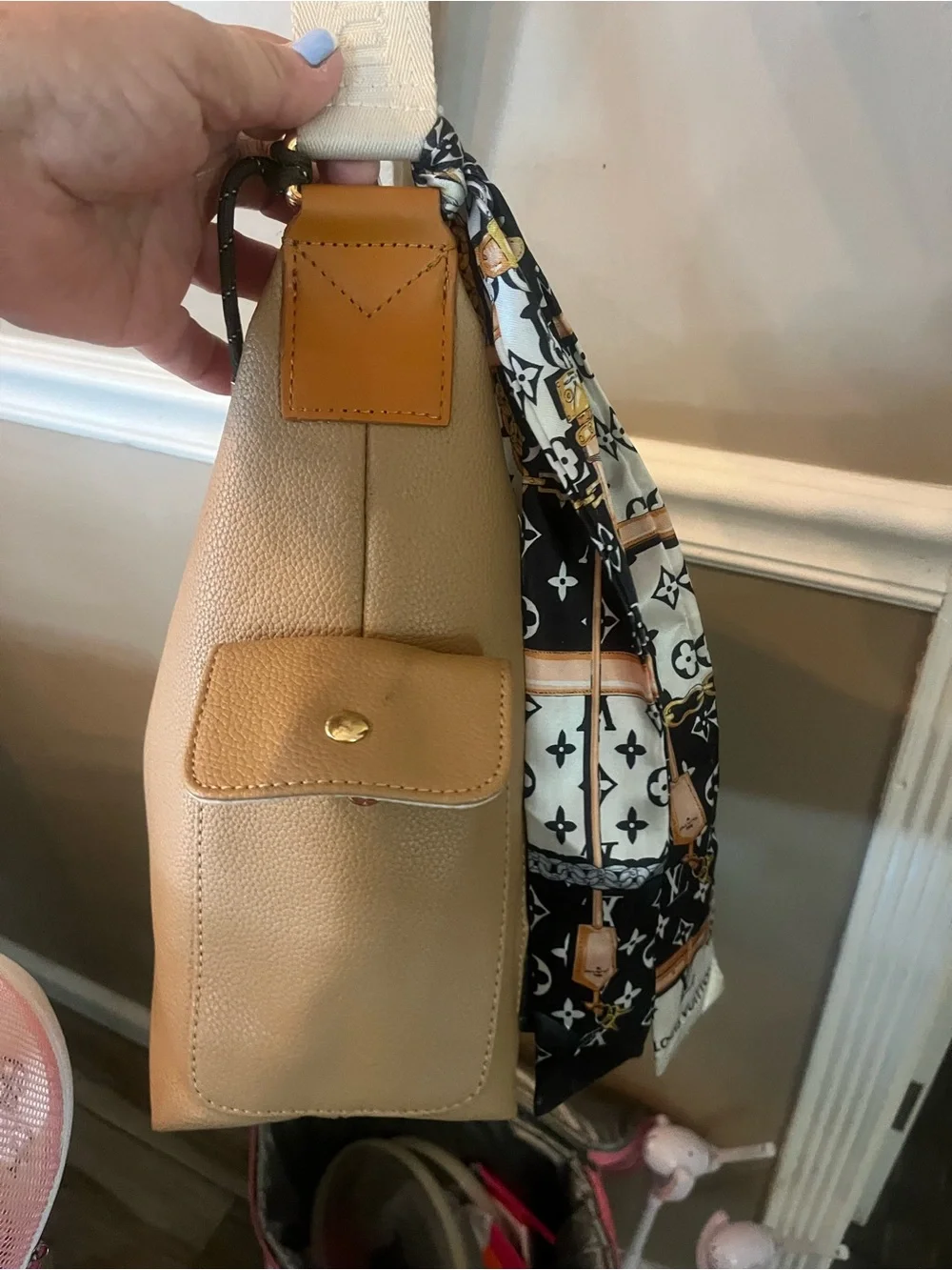Louis Vuitton style  Tan Shoulder Bag with Monogram Front Pockets